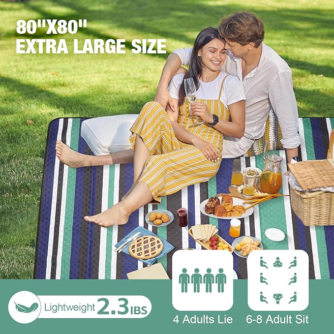 Picnic Blankets Outdoor Extra Large - 80"x80" Waterproof Beach Blanket, Machine Washable 3-Layer Foldable Park Mat with Sandproof Backing for Grass, Hiking, Travel, Concerts, Indoor (NavyBlue)