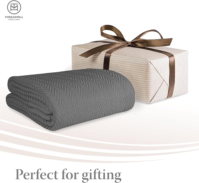 Threadmill Luxury Cotton Blankets for Queen Size Bed | All-Season 100% Cotton Queen Size Blanket | Herringbone Cozy, Soft Breathable Fall Thermal Blanket fits Full Size Bed | Dark Grey