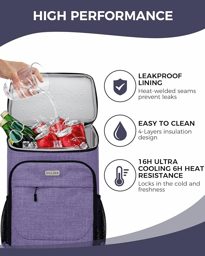 BAGLHER Lightweight Insulated Cooler Backpack - 30 Cans, Leak-Proof for Lunch, Picnic, Hiking, Camping Trips