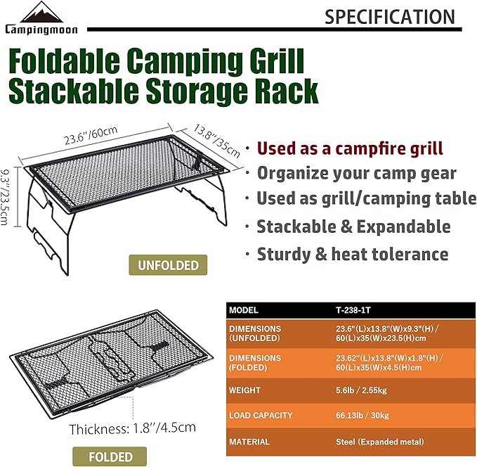 CAMPINGMOON Campfire Grill Storage Rack Camping Grill Steel Foldable Stackable T-238