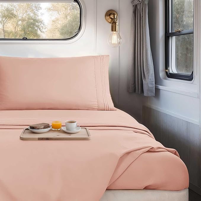 Hearth & Harbor Short Queen Sheets for RV, Blush Pink RV Queen Sheets, Silky Soft 1800 Microfiber Bed Sheet for Camper, 4 Piece RV Bedding with Pillowcases