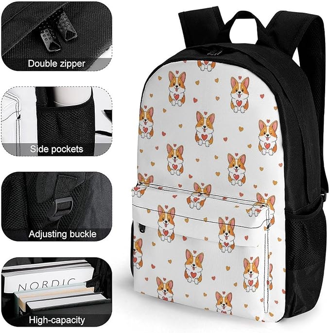 Supdreamc Lightweight Daypack for Camping Business Walking Cycling, Large Capacity Anti-Theft Multipurpose Bookbag, Corgis Funny Dog Design Gym Outdoor Hiking Backpack