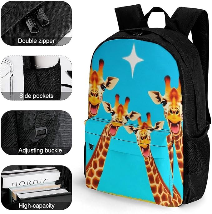 Supdreamc Polyester Daypack Backpack for Trekking Picnic Walking Cycling, Large Capacity Anti-Theft Multipurpose Shoulder Bag, Giraffe Selfie Casual Daypack