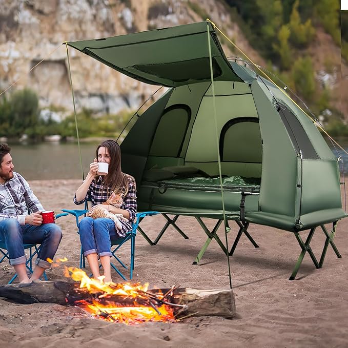 Tangkula 5-in-1 Tent Cot Combo With Awning, Air Mattress, Sleeping Bag, Pillow, Elevated Single Tent With Carrying Bag for Outdoor Camping, Hiking, Picnic, Travel