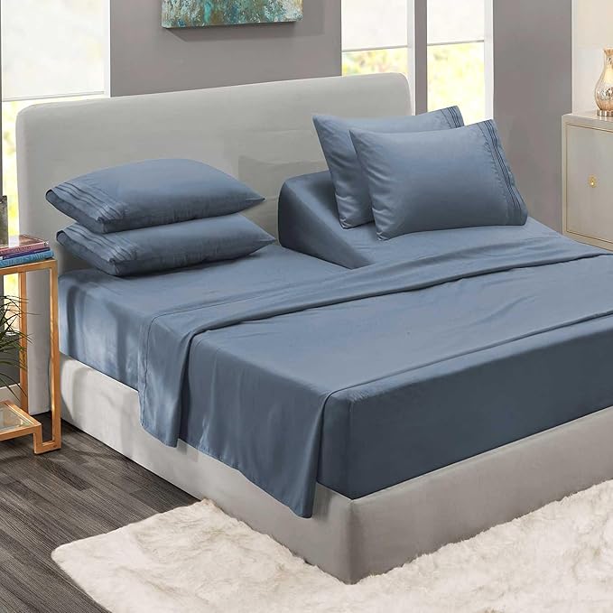 Clara Clark Flex Top King Sheets - Hotel Luxury 6 Piece Bed Sheets for Top Split King Bed - Soft Bedding Sheets & Pillowcases, Head Split King Size. Stone Blue