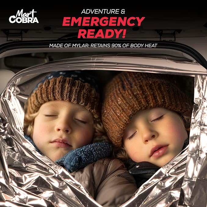 Mart Cobra Emergency Blanket 25-Pack Space Mylar Blankets Survival Gear and Supplies Reusable Thermal Camping Essentials Hiking First Aid Car Emergency Kit Prepper Foil Bug Out Bag Warm Cat Cold Snow