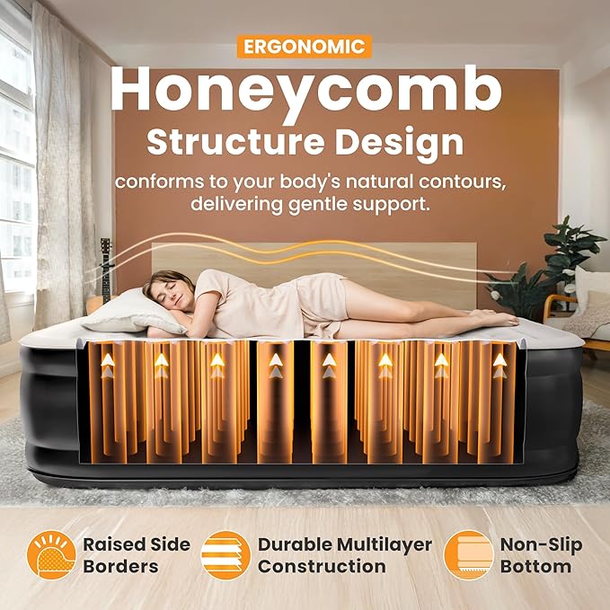 Full Air Mattress with Built-in Pump, 18" Raised Blow Up Mattress, 600 lbs Max Honeycomb Air Bed, 48Hr Leak-Proof Test, 3min Inflatable Mattress for Home, Guests, Camping, Colchones inflables