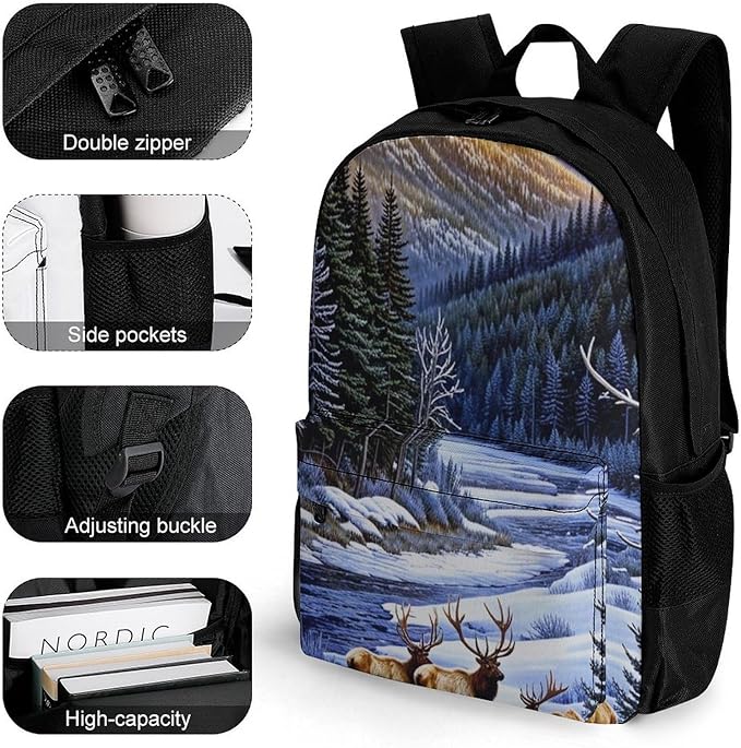 Supdreamc Daypack Backpack Anti-Theft Multipurpose Large Capacity Carry On Bag, Elk Winter Snow Traveling Camping Backpack With Side Pockets