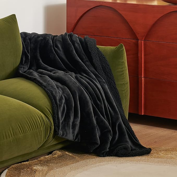 Bedsure GentleSoft Sherpa Fleece Throw Blanket Twin Size for Couch - Thick and Warm, Soft Fuzzy Plush Twin Blanket for Winter, Black, 60x80 Inches