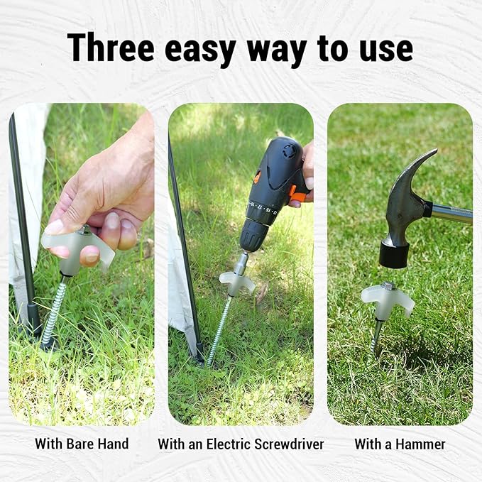 12 Pack Screw in Tent Stakes Heavy Duty-8” Metal Pegs for Ground, Drill in Camping Stake with Ratchet Tie Downs, Hex Head Driver, Spikes Puller, Protectors in a Carrying Bag, for Hiking