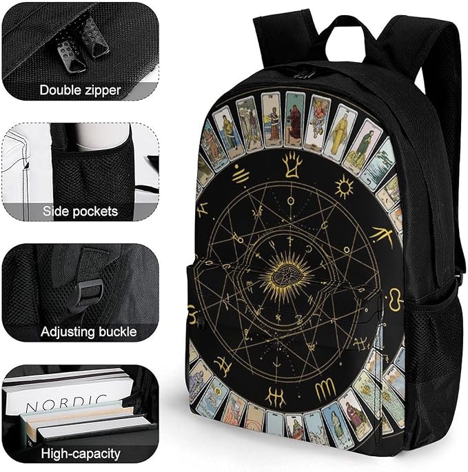 Supdreamc Backpack Polyester Anti-Theft Multipurpose Astrology Tarot Original Art Bookbag Large Capacity Laptop Book Bag Rucksack With Side Pockets