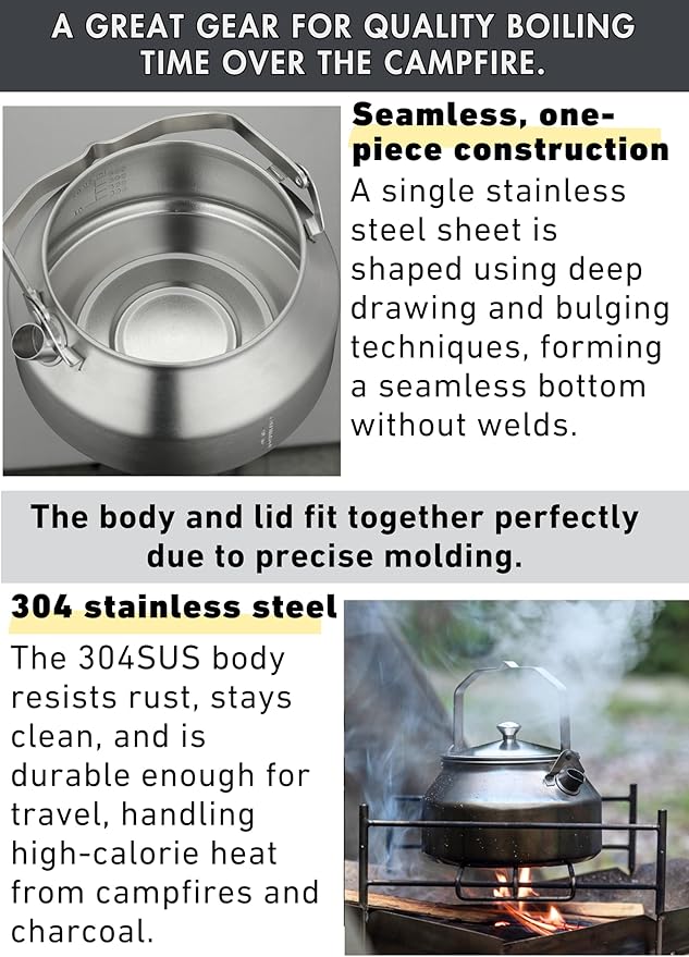 CAMPINGMOON 1L Campfire Kettle Seamless One-Piece Stainless Steel Wide Bottom Wide Spout Integrated Molding Camping Outdoor Water Boiler SW-1