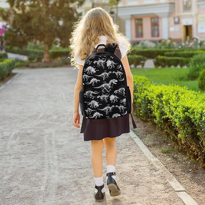 Daypack Backpack Multipurpose Anti-Theft Large Capacity Bookbag, Jurassic Cool Dinosaurs Skull Skeleton Black Travel Hiking Camping Rucksack With Adjustable Shoulder Straps