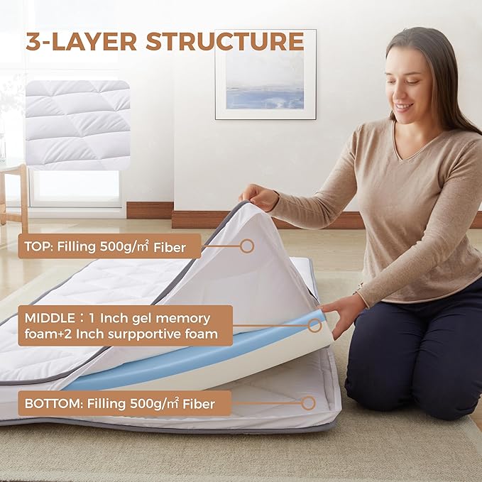 4Inch Twin Floor Mattress,3-Layer Structure Cot Mattress Topper,Gel Memory Foam,Removable Thickened Cover,Portable Roll Up Sleep Pad(75X38X4“)
