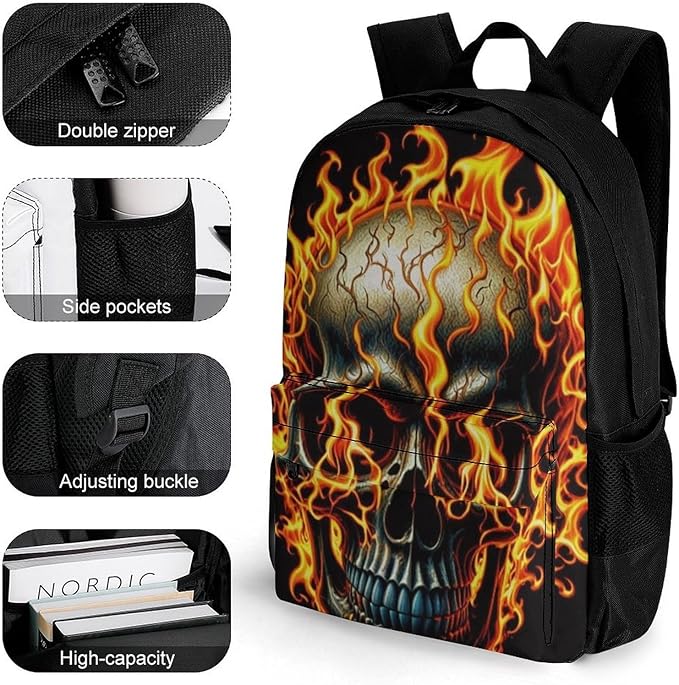 Men Women Lightweight Flaming Fire Skull Casual Daypack Big Capacity Bookbag With Padded Straps for Gym Travel Walking Cycling