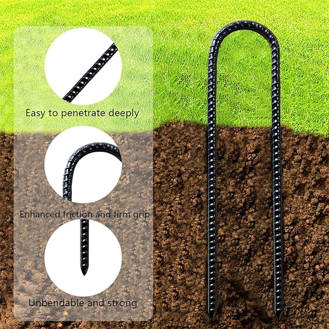 U Shaped Rebar Stakes 12 Inch Heavy Duty Ground Anchors Metal Stake Trampoline Wind Stakes for Camping Tent Security 4 Pack