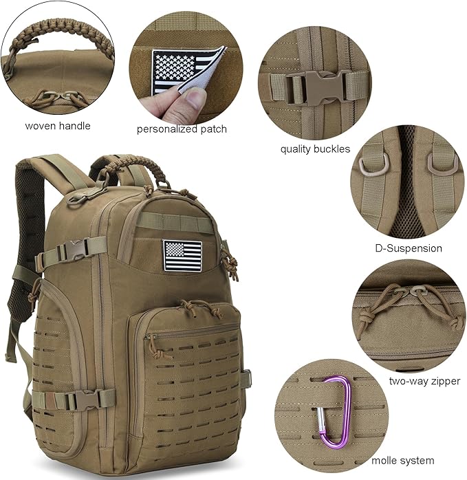 35L Tactical Backpack for Men Heavy Duty Military Backpack 3 Day Assault Pack Molle Backpack Hiking Rucksack (Tan)
