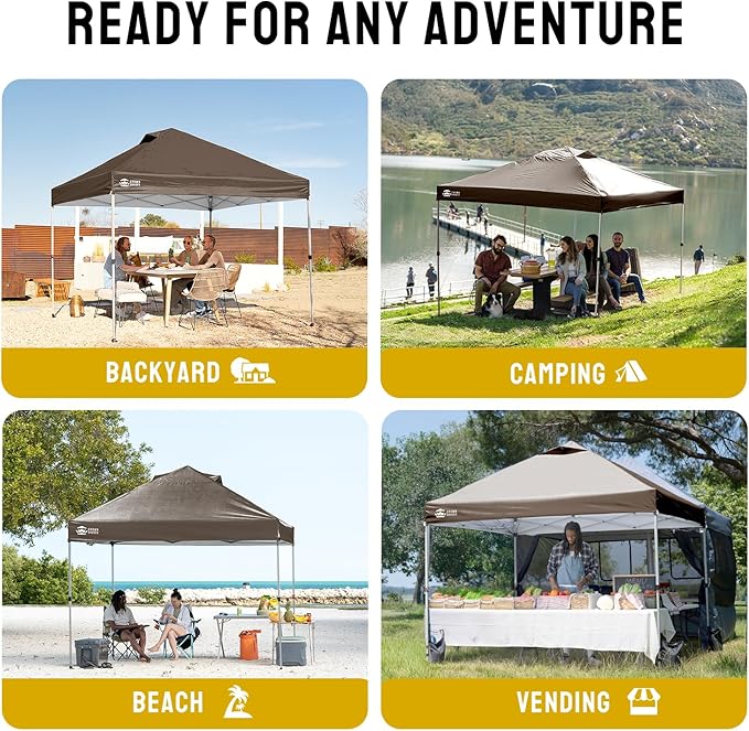 CROWN SHADES 10x10 Pop Up Canopy - Beach Tent with One Push Setup - Outdoor Sun Shade for Events, Parties, Camping - Gazebo with STO-N-Go Cover Bag, Silver Coated Top, 3 Height& 4 Sand Bags, Coffee