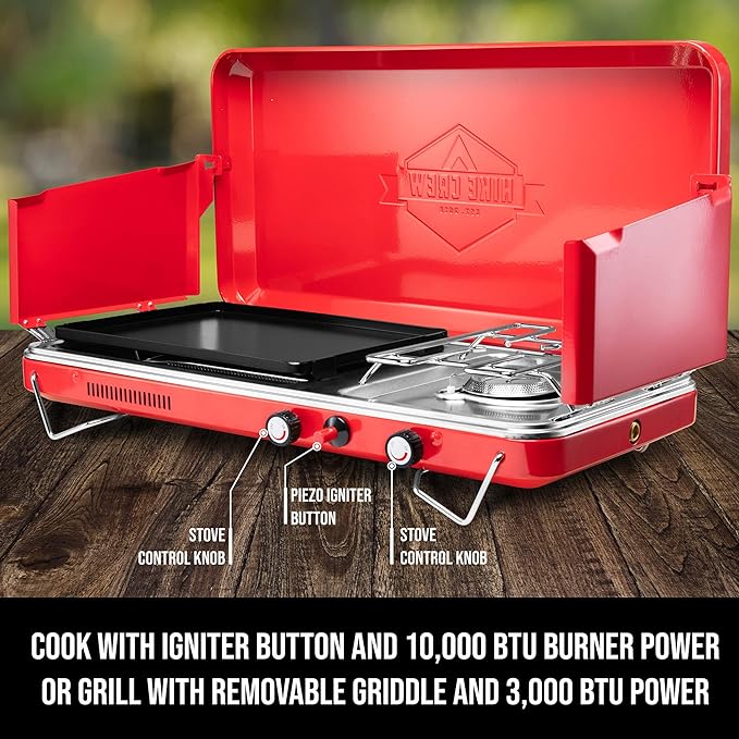 Hike Crew 2-in-1 Gas Camping Stove and Griddle, Portable Propane Burner w/Integrated Igniter & Stainless Drip Tray | Built-in Carrying Handle, Foldable Legs & Wind Panels | Includes Regulator