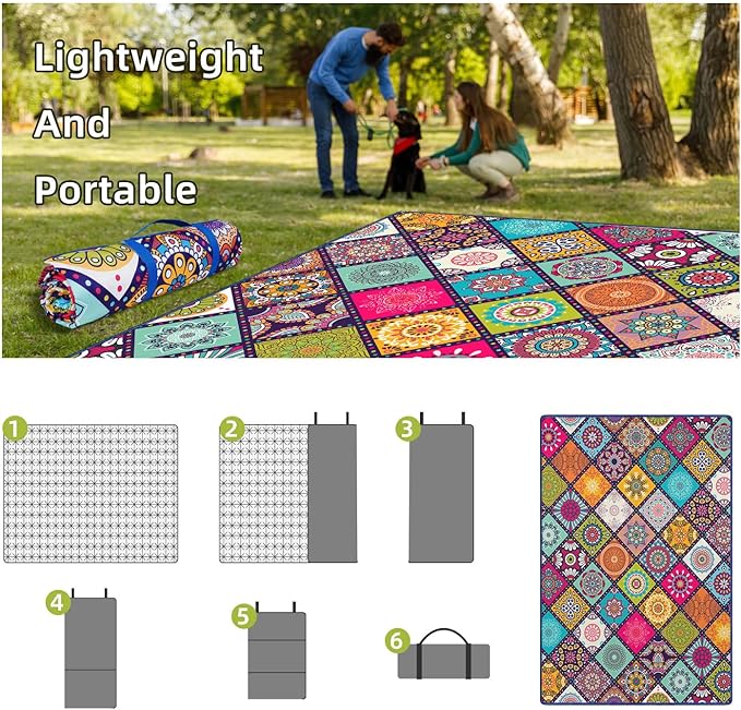 Waterproof Picnic Blankets Foldable & Portable 60''x80'' Boho Picnic Mat for Outdoors, Large Washable Picnic Blanket for Travel Camping Beach, Park Grass Picnic Blanket Accessories for Adults