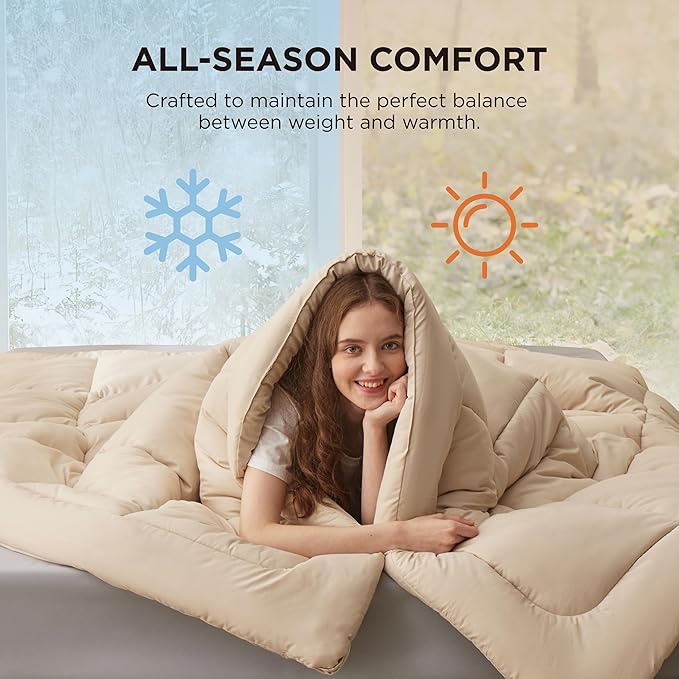 Bedsure Comforter Duvet Insert - Quilted Comforters King Size, All Season Duvet, GentleSoft Down Alternative Bedding, with 8 Tabs, Gifts for Women/Men, Beige, King 90 x 102 Inches