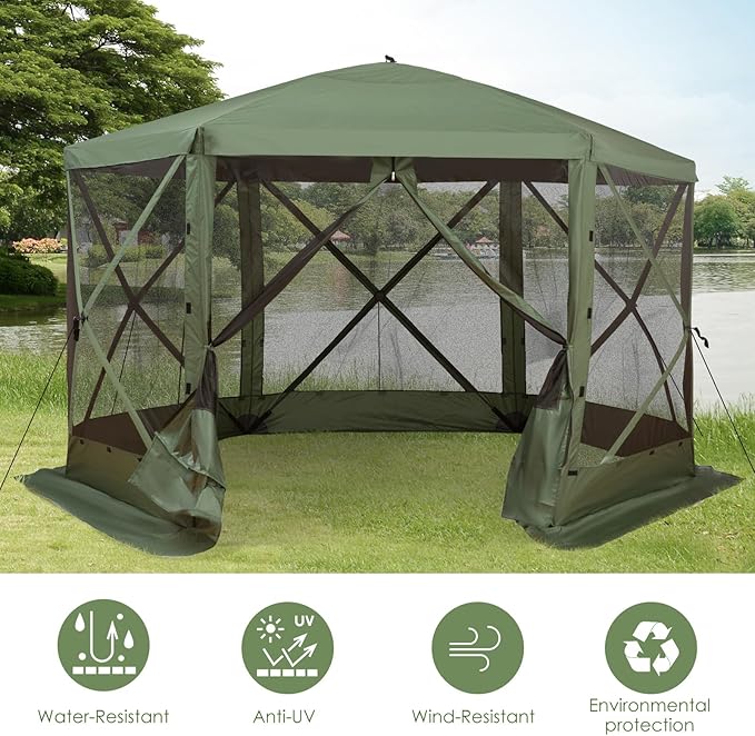 Outsunny Hexagon Screen House, Pop Up Tent Portable Gazebo Canopy Shelter with Mesh Netting Walls, Carry Bag and Shaded Interior, 12' x 12', Green