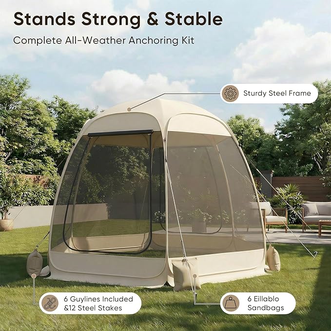 TABU Pop Up Screen House Tent, 10x10 FT Screen Room Canopy with Mosquito Mesh, Instant UV Resistant Shelter with Carry Bag, for 6-8 Person, Beige