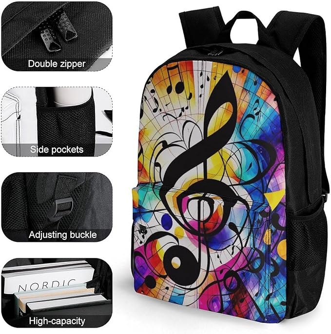 Supdreamc Men Women Lightweight Abstract Music Notes Colorful Backpack Large Capacity Bookbag With Smooth Zippers for Gym Business Running