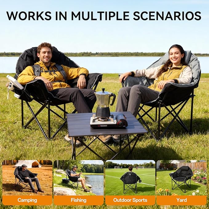 Oversized Heated Camping Chairs, Camp Chair for Adults with Back and Seat Heating, Portable Folding Chair with Pillow & Carry Bag for Outdoor Sports, Support 500lbs, Battery NOT Included
