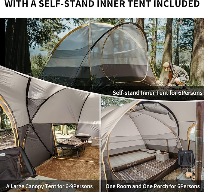 Naturehike KOTA 4/6/8 Person Camping Tent, Double Layer Waterproof 4 Person 6 Person 8 Person Tents for Camping, Large and Tall Family Tent with Vestibules Porch