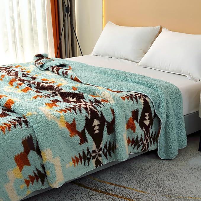 UKELER Bohemian Sherpa Throw Blanket 60'' × 80'', Sherpa Fleece Blanket for All Season, Southwestern Aztec Throw Blanket, Native American Blanket for Bed/Couch/Sofa/Office/Camping