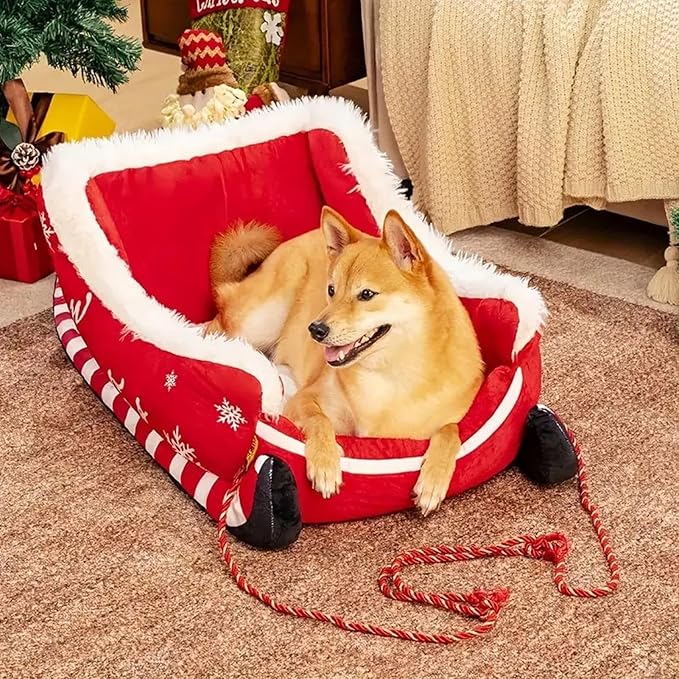 Christmas Sleigh Dog Cat Beds, Christmas Themed Pet Sleigh Bed, Festive Insulated Nest for Winter Holiday Puppy Animal Calming Sleeping Kitten Cold Weather Nights Indoor Rest