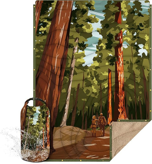 Outdoor Camping Blanket with Sherpa Lining, Extra Warm Thick Camp Blankets and Puffy Ultralight Soft Poncho DWR Camping Quilt for Cold Weather, Adventure, Sleeping, Backpacking 78"x 56"