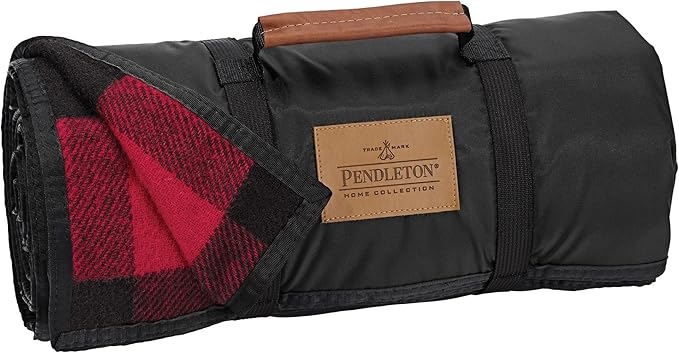 Pendleton Roll-Up Travel Blanket 60” x 70”, Durable Wool Blanket with a Waterproof Nylon Backing, Portable for Travel, Camping and Picnics with Leather Handle Grip and Patch