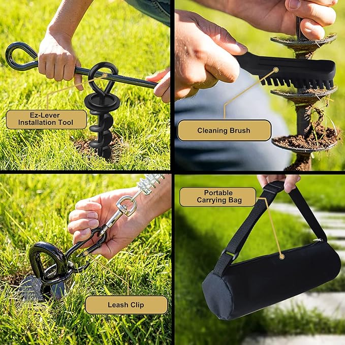 Eurmax USA Heavy Duty Dog Tie Out Stake for Large Dogs up to 210 lbs,Dog Stakes Outside,Ground Anchor for Dog Leash,Runner Cable,Trampoline Stakes 2-Pack (Navy Blue)