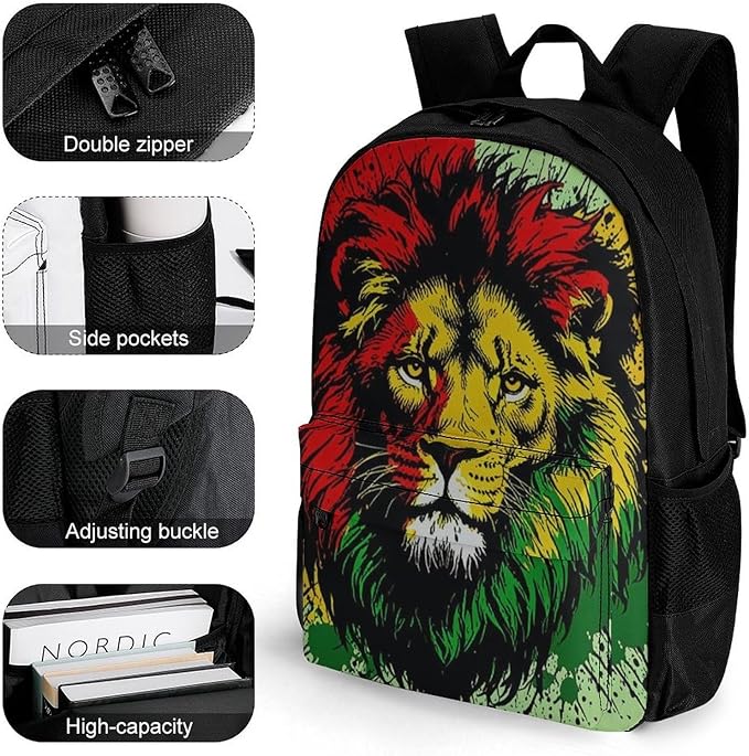 Men Women Lightweight Rasta Flag Black Paint Splatter Lion Backpack Large Capacity Bookbag With Smooth Zippers for Gym Business Running