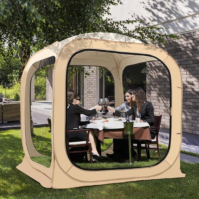 DoCred Screen House Tent Pop-Up, 6 x 6 FT Portable Screen Room Canopy Instant Screen with Carry Bag for Patio, Backyard, Deck & Outdoor Activities, Beige