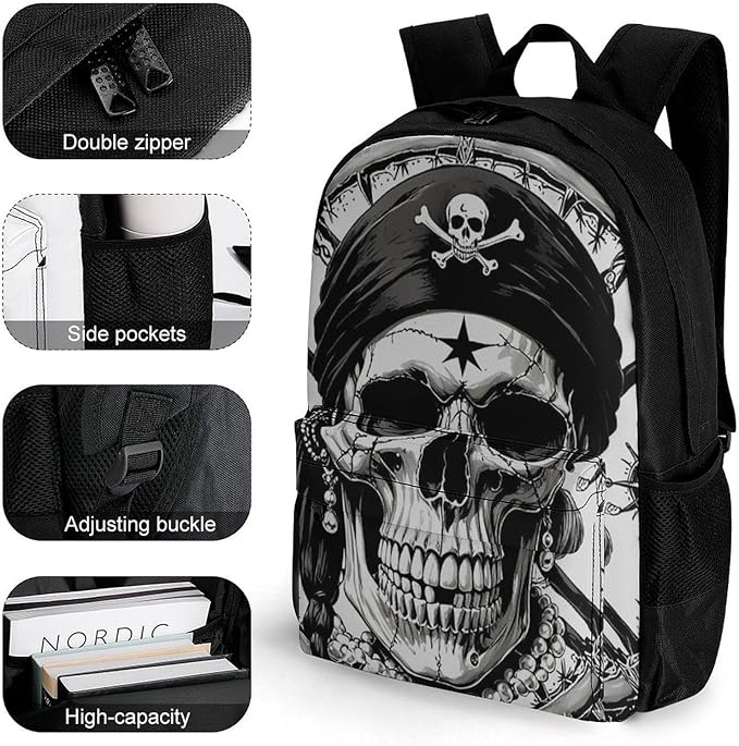 Women Men Polyester 3D Pirate Skull Casual Daypack Large Capacity Bookbag With Side Pockets for Sports Picnic Walking Cycling