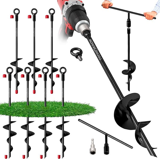 Ground Anchors Screw in 18 inch - Earth Anchor Heavy Duty Kit 8 Pack - Tie Down Swing Set Anchors - Auger Spiral Trampoline Stakes High Wind - Camping Carport Canopy Tent Stakes for Tree Shed Dog Sand