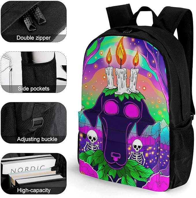 Supdreamc Men Women Lightweight Surrealist Dog Halloween Skeletons Flowers Fantasy Art Casual Daypack Large Capacity Bookbag With Adjustable Shoulder Straps for Gym Business Bicycle