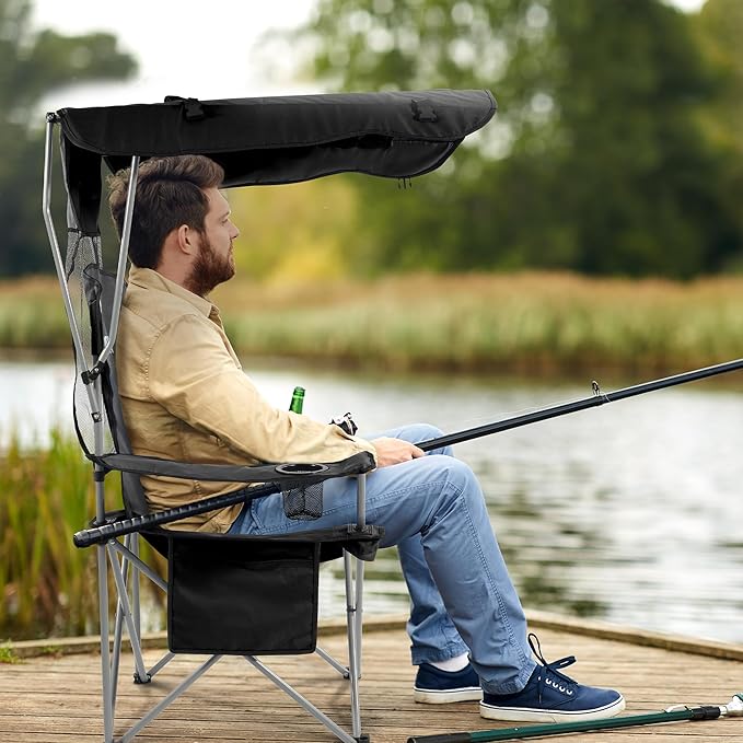 Elevon Camping Chair, Oversized Folding Chair with Canopy, Portable Outdoor Chair with Arms, Cup Holder and Carry Bag for Camping, Fishing, Beach, and Sports, Graphite