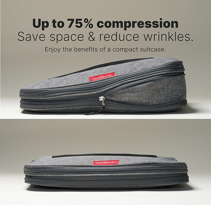 LeanTravel Premium Compression Packing Cubes for Travel - Luggage Organizers with Double Zipper - Sturdy Bags for Suitcase (3-Pack, Grey)