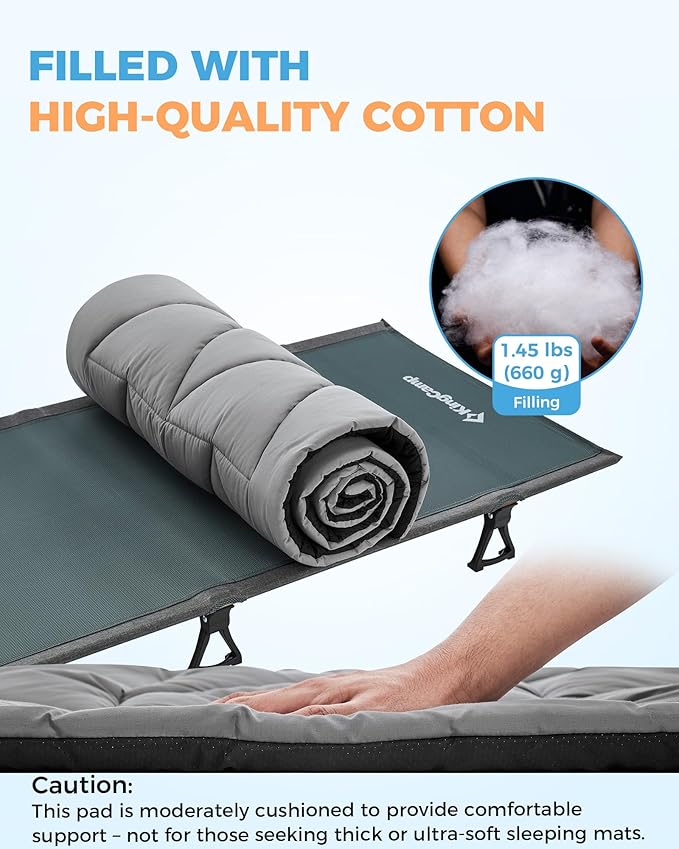 KingCamp Cot Pad for Camping, Comfortable Lightweight Mat, Puffy Soft Warm Non-Slip Cot Mattress Topper for Outdoor, Backpacking, 75"* 25", Grey