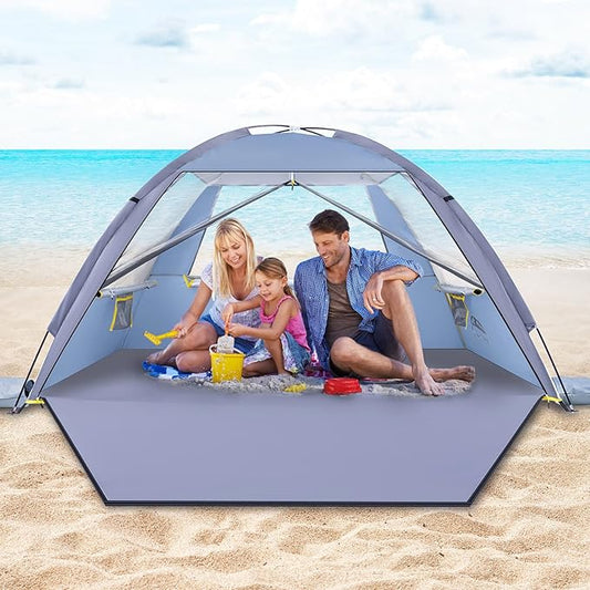 Happy Travel Beach Tent Sun Shelter for 3/4/5/6/7/8 Person, Portable UPF 50+ UV Protection Beach Shade Canopy for Family & Baby, Lightweight & Easy Setup Beach Cabana with 3 Ventilation Mesh Windows