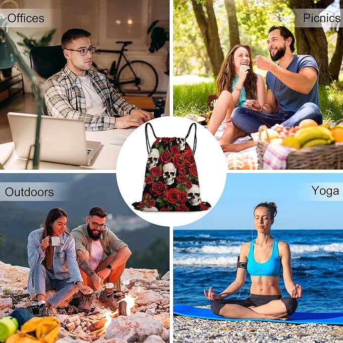 Travel Drawstring Backpack Theft Proof Cinch Sack Water Resistant Sackpack for Camping Hiking Outdoor Sports, Rose Skull Bags