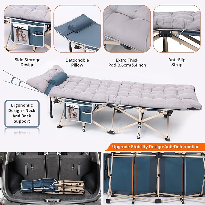 Nice C Camping Cots with Cushion, Camping Cots with Mattress, for Adults, Folding Cot, with Pillow, Carry Bag & Storage Pocket, Extra Wide Sturdy, Holds Up to 500 Lbs (2, Mattress Grey)