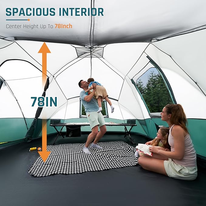 8/10/11 Person Camping Tent with Porch, Large Family Tents for Camping, PU1000MM Waterproof Tent with 5 Mesh Windows, Removable Rainfly, Reflective Windproof Rope, Big Dome Tent Fits 3 Queen Airbeds