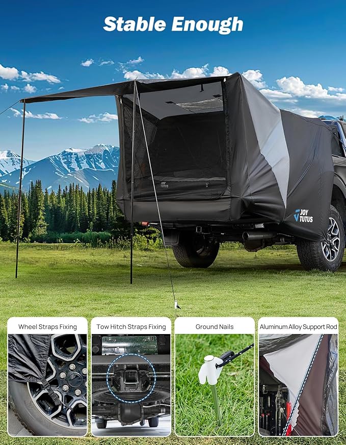 JOYTUTUS Truck Tent with Awning, Truck Bed Tailgate Tent Pickup Camping Tent Canopy (Only Fits Mid-Size Truck with Soft Hard Topper or Camper Shell)