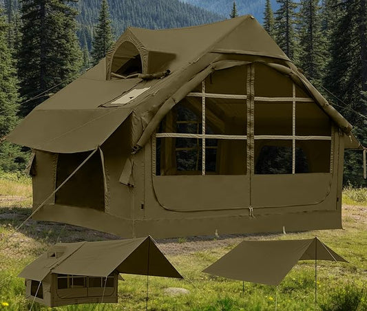 Inflatable Tents for Camping with Stove Jack, 2/4/6/8 Person Easy Setup Blow Up Tents for 4 Seasons Waterproof Inflatable Camping Tent with Awning, Air House Glamping Tents for Camping Adult