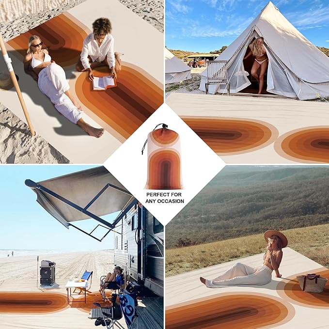 9 ft×10 ft Extra Large Waterproof Sandproof Beach Blanket for 8 Adults, Outdoor Beach Mat with 4 Stakes, 210T Polyester Lightweight Foldable Picnic Blanket for Travel, Camping, Hiking